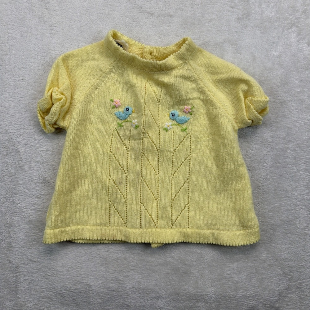 Vintage A Little Angel Baby Girl Yellow Knit Sweater 12M Embroidered Birds